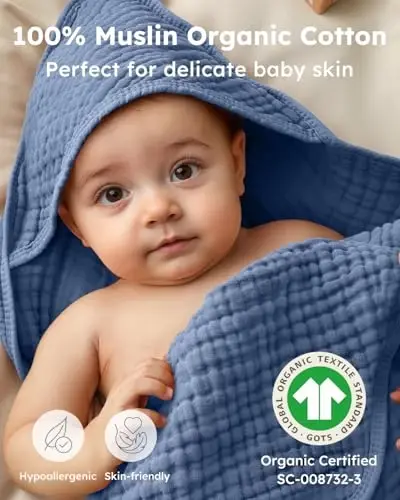 Yoofoss Hooded Baby Towels for Newborn 2 Pack 100% Muslin Organic Cotton Baby Bath Towel with Hood for Babies, Infant, Toddler and Kids, Large 32x32Inch, Soft and Absorbent Newborn Essential - YOOFOSS (1)