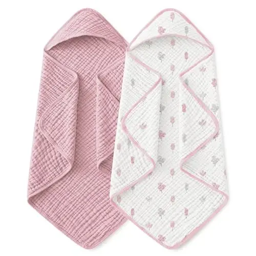 Yoofoss Hooded Baby Towels for Newborn 2 Pack 100% Muslin Organic Cotton Baby Bath Towel with Hood for Babies, Infant, Toddler and Kids,37.5