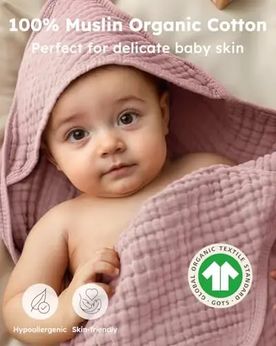 Yoofoss Hooded Baby Towels for Newborn 2 Pack 100% Muslin Organic Cotton Baby Bath Towel with Hood for Babies, Infant, Toddler and Kids,37.5