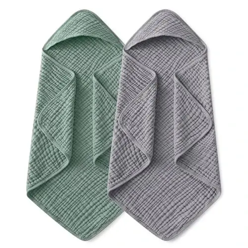 Yoofoss Hooded Baby Towels for Newborn 2 Pack 100% Muslin Organic Cotton Baby Bath Towel with Hood for Babies, Infant, Toddler and Kids,37.5