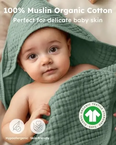 Yoofoss Hooded Baby Towels for Newborn 2 Pack 100% Muslin Organic Cotton Baby Bath Towel with Hood for Babies, Infant, Toddler and Kids,37.5