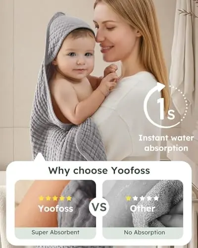 Yoofoss Hooded Baby Towels for Newborn 2 Pack 100% Muslin Organic Cotton Baby Bath Towel with Hood for Babies, Infant, Toddler and Kids,37.5