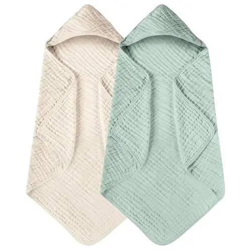 Yoofoss Hooded Baby Towels for Newborn 2 Pack 100% Muslin Organic Cotton Baby Bath Towel with Hood for Babies, Infant, Toddler and Kids, 32x32Inch, Soft and Absorbent Newborn Essential,Apricot&Green 