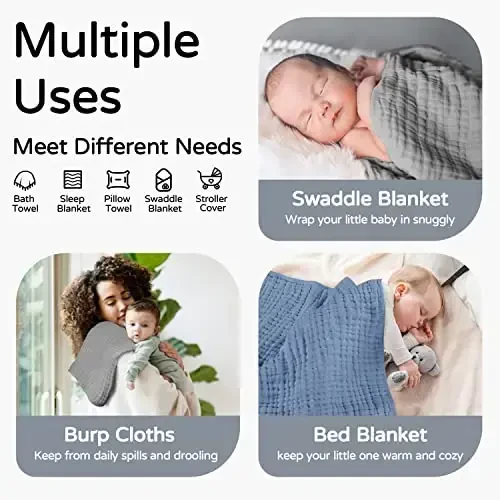 Yoofoss Hooded Baby Towels for Newborn 2 Pack 100% Muslin Organic Cotton Baby Bath Towel with Hood for Babies, Infant, Toddler and Kids, 32x32Inch, Soft and Absorbent Newborn Essential,Grey& Dark Blue - YOOFOSS (1)