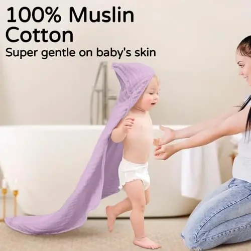 Yoofoss Hooded Baby Towels for Newborn 2 Pack 100% Muslin Organic Cotton Baby Bath Towel with Hood for Babies, Infant, Toddler and Kids, 32x32Inch, Soft and Absorbent Newborn Essential, Butterfly - YOOFOSS (1)