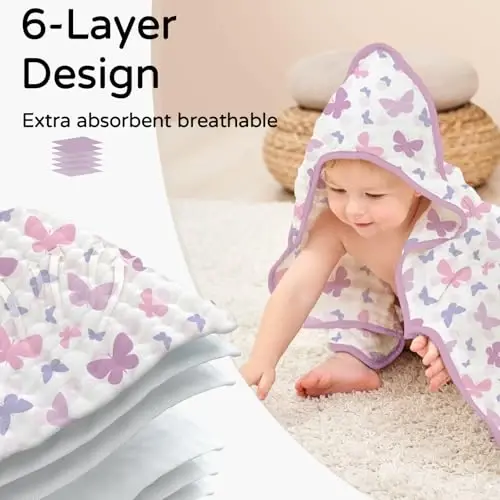 Yoofoss Hooded Baby Towels for Newborn 2 Pack 100% Muslin Organic Cotton Baby Bath Towel with Hood for Babies, Infant, Toddler and Kids, 32x32Inch, Soft and Absorbent Newborn Essential, Butterfly - 8
