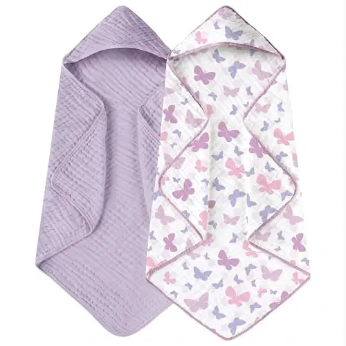 Yoofoss Hooded Baby Towels for Newborn 2 Pack 100% Muslin Organic Cotton Baby Bath Towel with Hood for Babies, Infant, Toddler and Kids, 32x32Inch, Soft and Absorbent Newborn Essential, Butterfly - 1