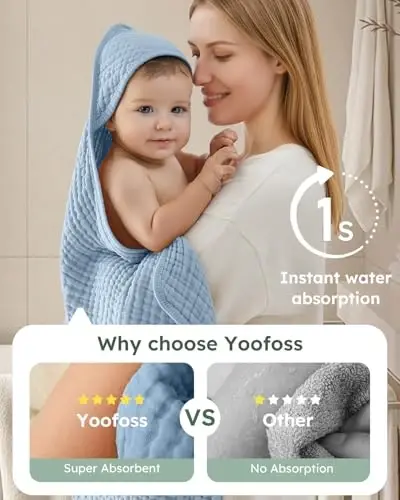 Yoofoss Hooded Baby Towels for Newborn 2 Pack 100% Muslin Organic Cotton Baby Bath Towel with Hood for Babies, Infant, Toddler and Kids, Large 32x32Inch, Soft and Absorbent Newborn Essential - 8