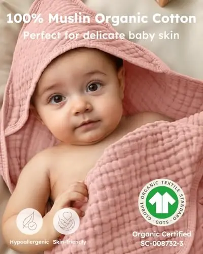 Yoofoss Hooded Baby Towels for Newborn 2 Pack 100% Muslin Organic Cotton Baby Bath Towel with Hood for Babies, Infant, Toddler and Kids, Large 32x32Inch, Soft and Absorbent Newborn Essential - YOOFOSS (1)