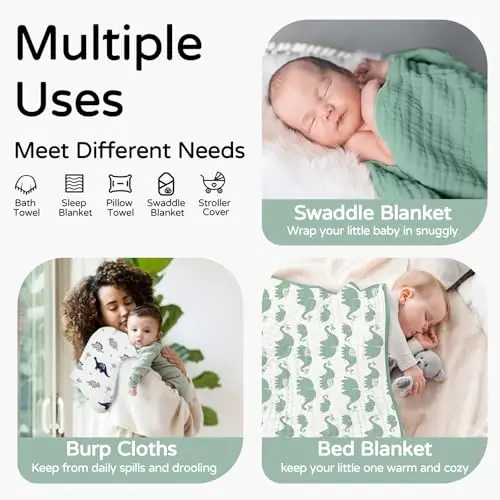 Yoofoss Hooded Baby Towels for Newborn 2 Pack 100% Muslin Organic Cotton Baby Bath Towel with Hood for Babies, Infant, Toddler and Kids, 32x32Inch, Soft and Absorbent Newborn Essential, Green Elephant - 4