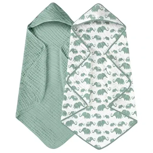 Yoofoss Hooded Baby Towels for Newborn 2 Pack 100% Muslin Organic Cotton Baby Bath Towel with Hood for Babies, Infant, Toddler and Kids, 32x32Inch, Soft and Absorbent Newborn Essential, Green Elephant - 1