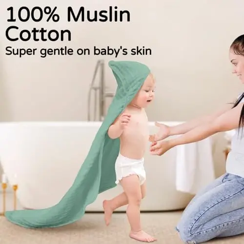 Yoofoss Hooded Baby Towels for Newborn 2 Pack 100% Muslin Organic Cotton Baby Bath Towel with Hood for Babies, Infant, Toddler and Kids, 32x32Inch, Soft and Absorbent Newborn Essential, Green Elephant - 2