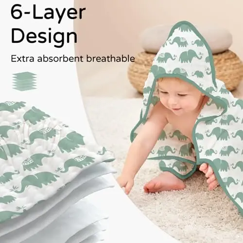 Yoofoss Hooded Baby Towels for Newborn 2 Pack 100% Muslin Organic Cotton Baby Bath Towel with Hood for Babies, Infant, Toddler and Kids, 32x32Inch, Soft and Absorbent Newborn Essential, Green Elephant - 3