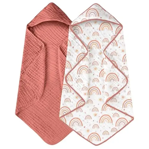 Yoofoss Hooded Baby Towels for Newborn 2 Pack 100% Muslin Organic Cotton Baby Bath Towel with Hood for Babies, Infant, Toddler and Kids, 32x32Inch, Soft and Absorbent Newborn Essential,Pink Rainbow 