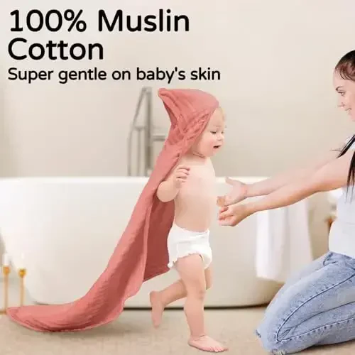 Yoofoss Hooded Baby Towels for Newborn 2 Pack 100% Muslin Organic Cotton Baby Bath Towel with Hood for Babies, Infant, Toddler and Kids, 32x32Inch, Soft and Absorbent Newborn Essential,Alpaca&Elephant - YOOFOSS (1)