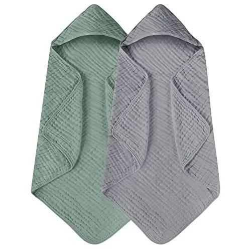 Yoofoss Hooded Baby Towels for Newborn 2 Pack 100% Muslin Organic Cotton Baby Bath Towel with Hood for Babies, Infant, Toddler and Kids, 32x32Inch, Soft and Absorbent Newborn Essential,Grey&Dark Green - 1