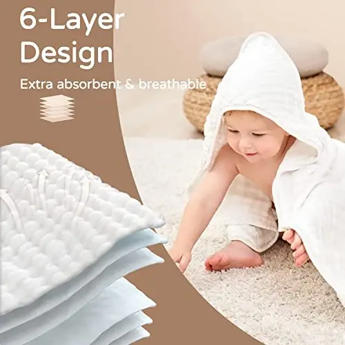 Yoofoss Hooded Baby Towels for Newborn 2 Pack 100% Muslin Organic Cotton Baby Bath Towel with Hood for Babies, Infant, Toddler and Kids, 32x32Inch, Soft and Absorbent Newborn Essential,White-2 Pack - 9