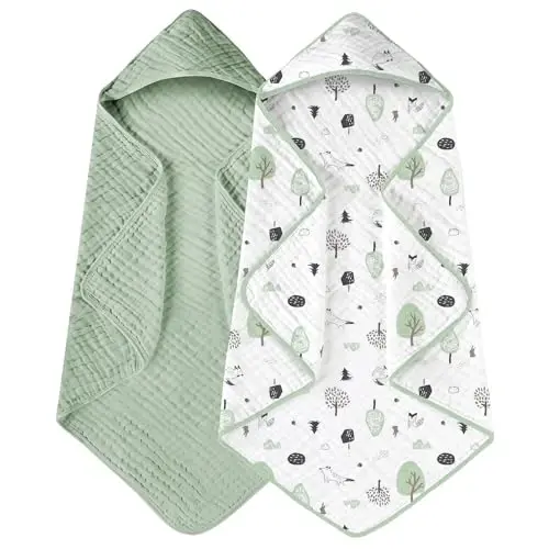 Yoofoss Hooded Baby Towels for Newborn 2 Pack 100% Muslin Organic Cotton Baby Bath Towel with Hood for Babies, Infant, Toddler and Kids, 32x32Inch, Soft and Absorbent Newborn Essential,Forest - 1