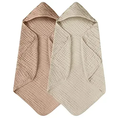 Yoofoss Hooded Baby Towels for Newborn 2 Pack 100% Muslin Organic Cotton Baby Bath Towel with Hood for Babies, Infant, Toddler and Kids, 32x32Inch, Soft and Absorbent Newborn Essential, Beige&Coffee - 1