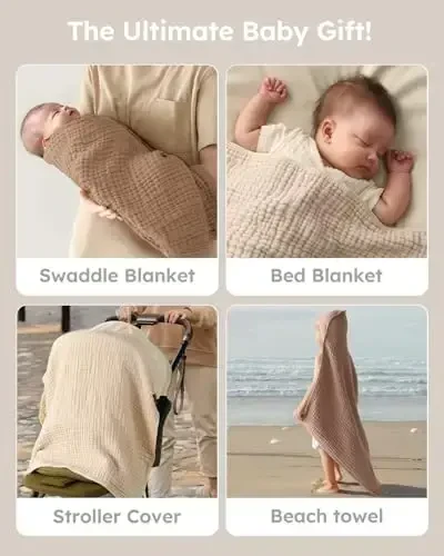 Yoofoss Hooded Baby Towels for Newborn 2 Pack 100% Muslin Organic Cotton Baby Bath Towel with Hood for Babies, Infant, Toddler and Kids, 32x32Inch, Soft and Absorbent Newborn Essential, Beige&Coffee - 6