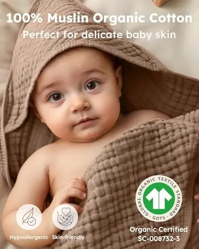 Yoofoss Hooded Baby Towels for Newborn 2 Pack 100% Muslin Organic Cotton Baby Bath Towel with Hood for Babies, Infant, Toddler and Kids, 32x32Inch, Soft and Absorbent Newborn Essential, Beige&Coffee - 7