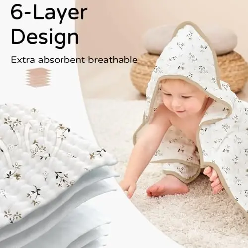 Yoofoss Hooded Baby Towels for Newborn 2 Pack 100% Muslin Organic Cotton Baby Bath Towel with Hood for Babies, Infant, Toddler and Kids, 32x32Inch, Soft and Absorbent Newborn Essential, Beige Floral - 8