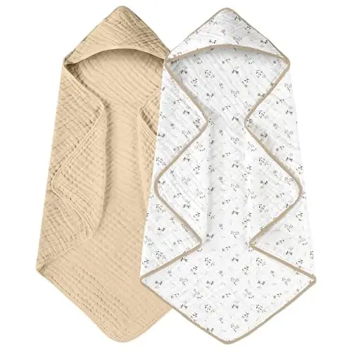 Yoofoss Hooded Baby Towels for Newborn 2 Pack 100% Muslin Organic Cotton Baby Bath Towel with Hood for Babies, Infant, Toddler and Kids, 32x32Inch, Soft and Absorbent Newborn Essential, Beige Floral - 1
