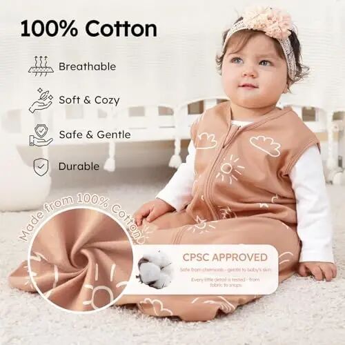 Yoofoss Sleep Sack 0-6 Months 0.5 TOG Baby Wearable Blanket 100% Cotton | Infant Toddler Sleeping Sack 2-Way Zipper Lightweight Sleep Sack Grizzly - 2