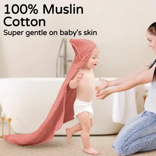 Yoofoss yangi tug'ilgan chaqaloqlar uchun kaputli sochiqlar 2 dona 100% muslin organik paxta chaqaloq sochiq, chaqaloqlar, go'daklar va bolalar uchun kaputli, 32x32Inch, yumshoq va changni yutuvchi yangi tug'ilgan chaqaloq uchun zarur, Alpaka&Fil - 2