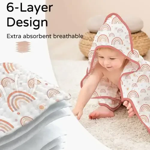 Yoofoss yangi tug'ilgan chaqaloqlar uchun kaputli sochiqlar 2 dona 100% muslin organik paxta chaqaloq sochiq, chaqaloqlar, go'daklar va bolalar uchun kaputli, 32x32Inch, yumshoq va changni yutuvchi yangi tug'ilgan chaqaloq uchun zarur, Alpaka&Fil - 3