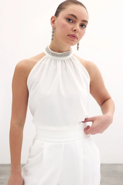 Yoqa Aksessuarili Yelkasiz Bluzka - EKRU - 7