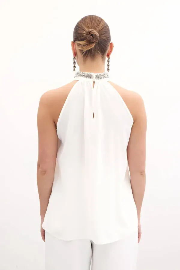 Yoqa Aksessuarili Yelkasiz Bluzka - EKRU - 8