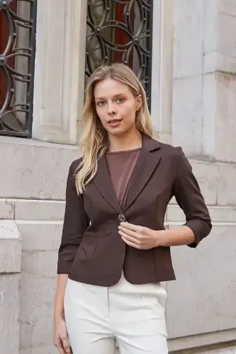 Yoqali Flato Cho'ntakli Capri Truvakar Yengli Qisqa Blazer Pidjak-kofe-KAHVE - JUMENT (1)