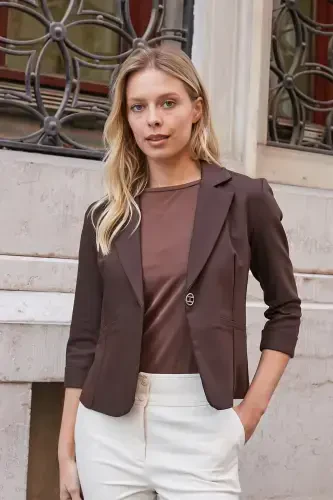 Yoqali Flato Cho'ntakli Capri Truvakar Yengli Qisqa Blazer Pidjak-kofe-KAHVE - 3