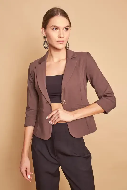 Yoqali Flato cho'ntakli Kapri Truvakar yengli Qisqa Blazer mato ko'ylagi -xaki-XAKI - 1