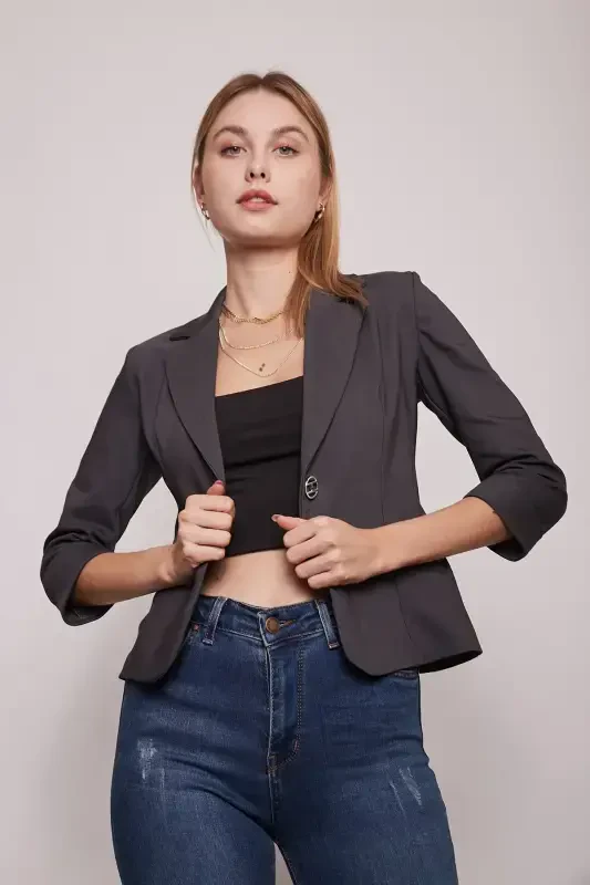 Yoqali Flato cho'ntakli Kapri Truvakar yengli Qisqa Blazer Pidjak-antratsit-ANTRASIT - Modazone