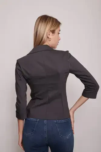 Yoqali Flato cho'ntakli Kapri Truvakar yengli Qisqa Blazer Pidjak-antratsit-ANTRASIT - 5