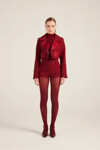 Yoqasi Saten Detalli Camila Crop Blazer Jaket Bordo - 3