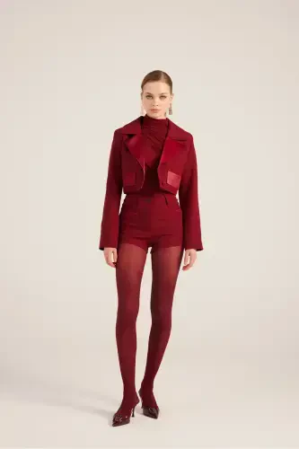 Yoqasi Saten Detalli Camila Crop Blazer Jaket Bordo - 7