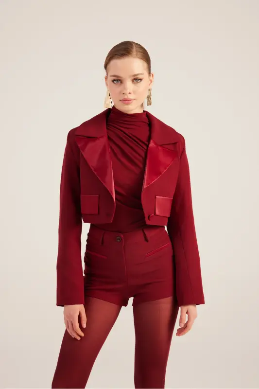 Yoqasi Saten Detalli Camila Crop Blazer Jaket Bordo - 9
