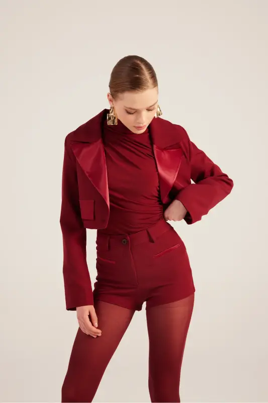 Yoqasi Saten Detalli Camila Crop Blazer Jaket Bordo - 11