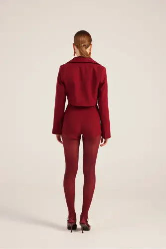 Yoqasi Saten Detalli Camila Crop Blazer Jaket Bordo - 6