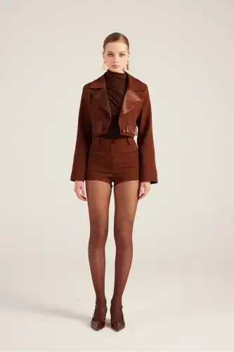 Yoqasi Saten Detalli Camila Crop Blazer Ko'ylagi Qahva - 1