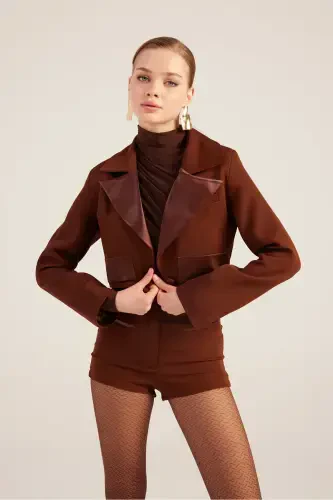 Yoqasi Saten Detalli Camila Crop Blazer Ko'ylagi Qahva - 4