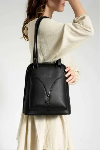 Yoro Model Kadın Sırt Ve Omuz Çantası Su Geçirmez Suni Deri Çok Cepli Ultra VIP-Siyah 