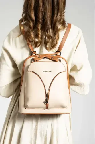 Yoro Model Women's Backpack and Shoulder Bag Waterproof Faux Leather Multi-Pocket Ultra VIP-Cream - 1