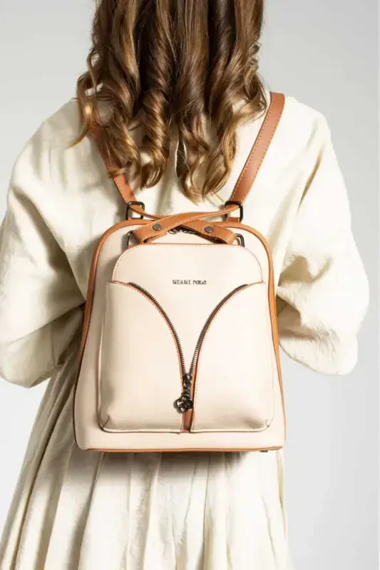 Yoro Model Women's Backpack and Shoulder Bag Waterproof Faux Leather Multi-Pocket Ultra VIP-Cream - 1