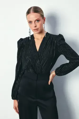 Yorqin chiziqli bodisuit bluzka - QORA-QORA - 3