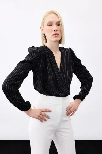 Yorqin chiziqli bodisuit bluzka - QORA-QORA - 5