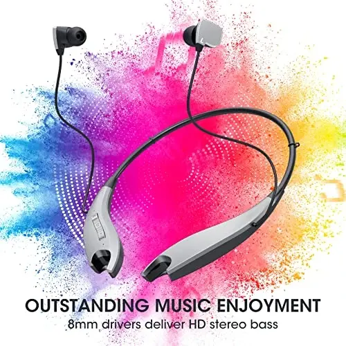 YOSDOM Neckband Bluetooth Headphones, Around The Neck Headphones 24H+ Playtime, Bluetooth Headsets with Call Vibration, Shark Jaw Design Wireless Earbuds+Noise Isolation/Mic/IPX7 Waterproof, Silver - YOSDOM (1)